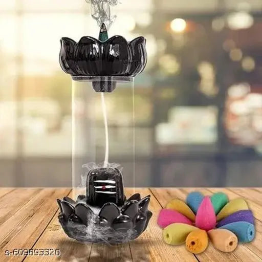 Shivling in Glass Fountain Backflow Smoke Fountain Incense Holder Home Decorative Showpiece with 10 Units of Backflow Incense Cone for Living Room, Meditation, Yoga Place, Worship (22 CM, Black )