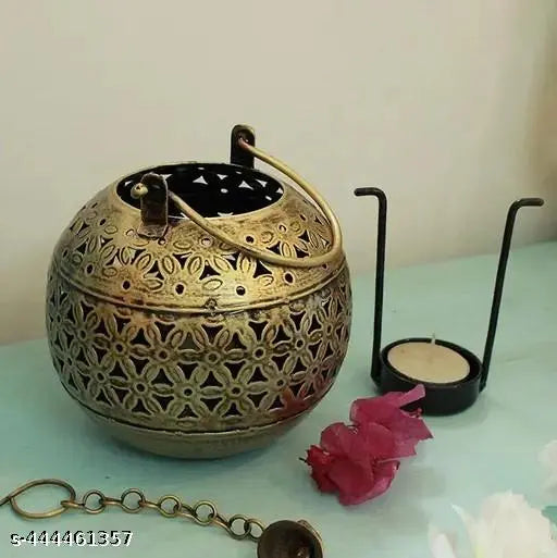 BALAJI INC. Metal Handi Flower cutting Round Tea Light Candle Holder Vintage Iron Dhoop Incense Burner Handcrafted Decorative Tea Light with Intricate Cutwork Design, Traditional Aromatherapy Diffuser for Home Decor And Wall Hanging Brass Urli Decorative
