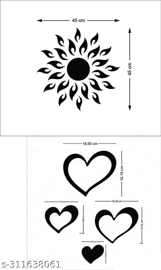 Wall sticker Sun Silver with Love Heart Silver 2 Set (Sun Size 45 cm x 45 cm) Mirror Stickers for Wall.
