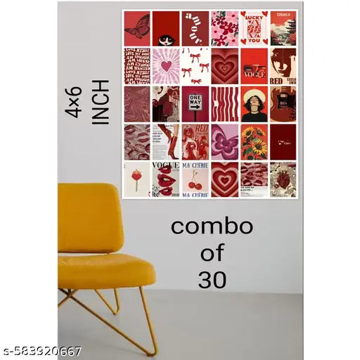 KARTMEN Aesthetic red colour poster card for wall decoration combo of 30 size A6
