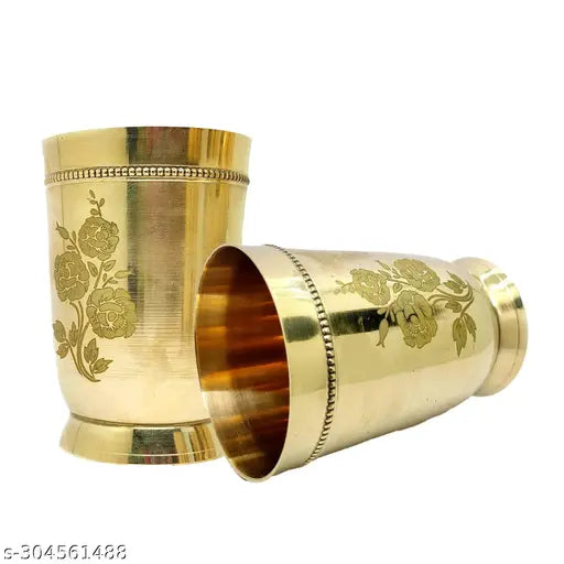 Saubhagya Pure Brass Glass Tumbler with Floral Design Daily Use Designer Water Glass for Drinking Serving Water Drinkware & Serveware, 280ml Each- Set of 2pieces.