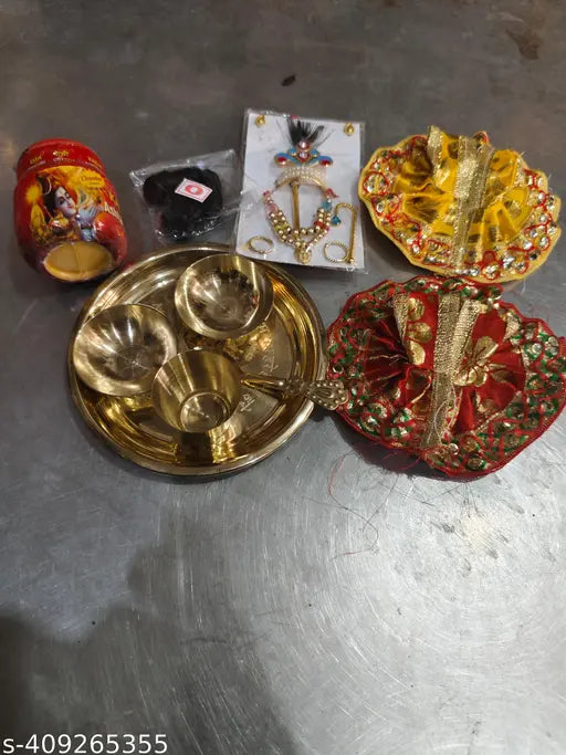 Pack of 6 Brass laddu gopal bhog thali with 2 poshak 1 sringhar set 1 bal 1 Kashi chandan