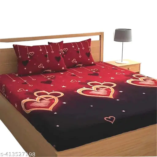3D Printed Digital 180 TC Floral Double Bedsheet (90X90Inches) With 2 Pillow Cover Multicolor Red heart