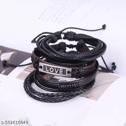Tastic Black Leather with Love Metal Studded Dyed Rope Natural Beads Wrist Bracelet for Men Casual Wear(Set of 4)