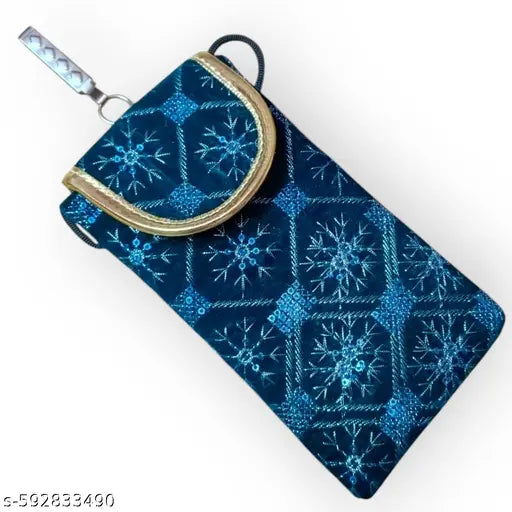 SUMERA WARQ Velvet Mobile Phone Pouch, Snowflake Embroidered Pattern, Multicolor with Gold Trim, Sling and Clip