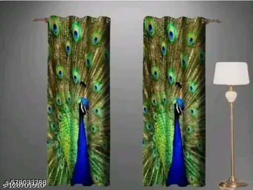 3D Peacock Feathers (MorPankh) Printed Curtains Long Crush Polyester Curtain Set 2 Pieces (Peacock Feathers (MorPankh) Print