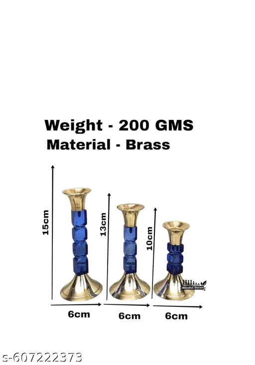 SHREE HARI HOME DÉCOR Brass Candle Holder Brass and Acrylic Candleholder for Church Home Decorating Candle-Stick Holder Stand Gift Diwali (6 Inches) Set of -3 Royal Blue