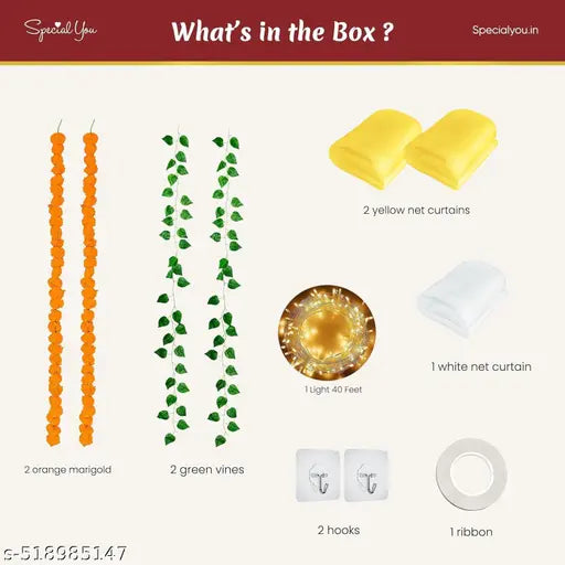 Decoration Items for Home Decor with Yellow & White net Backdrop Cloth for Decoration, Lights(40ft), Marigold & Artificial Vines, Ganesh chaturthi Decoration Items- 11 Items