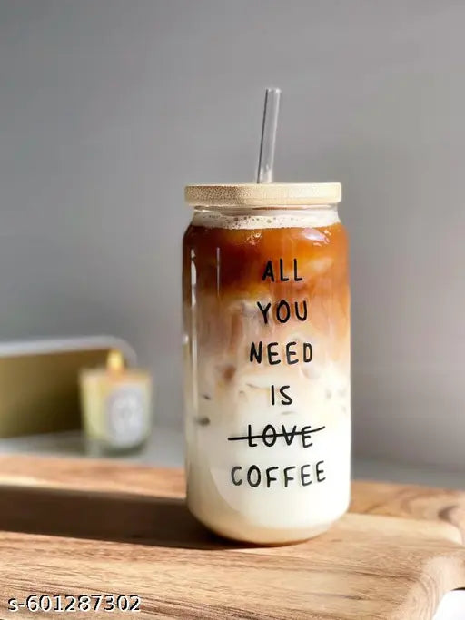 All You need is coffee glass tumblr with wooden lid and straw