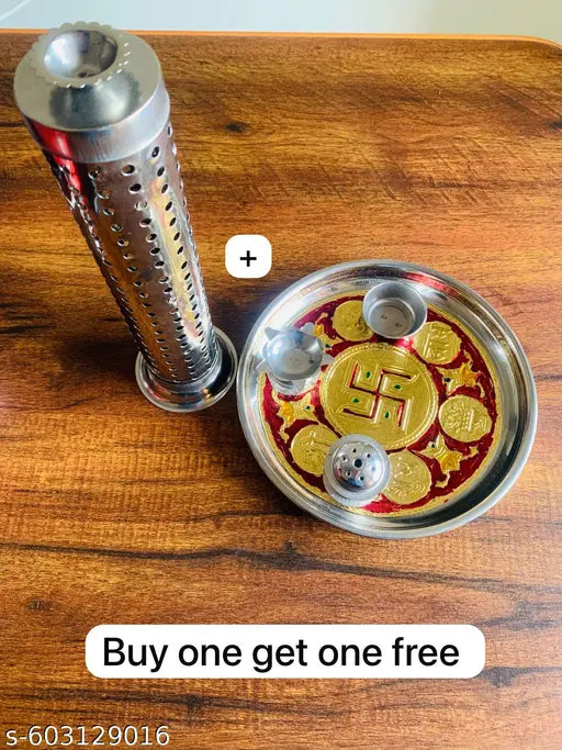 Stainless Steel Pooja Thali Set with Spoon, Diya & Kumkum Holder – Traditional Aarti Plate for Daily Worship & Festivals