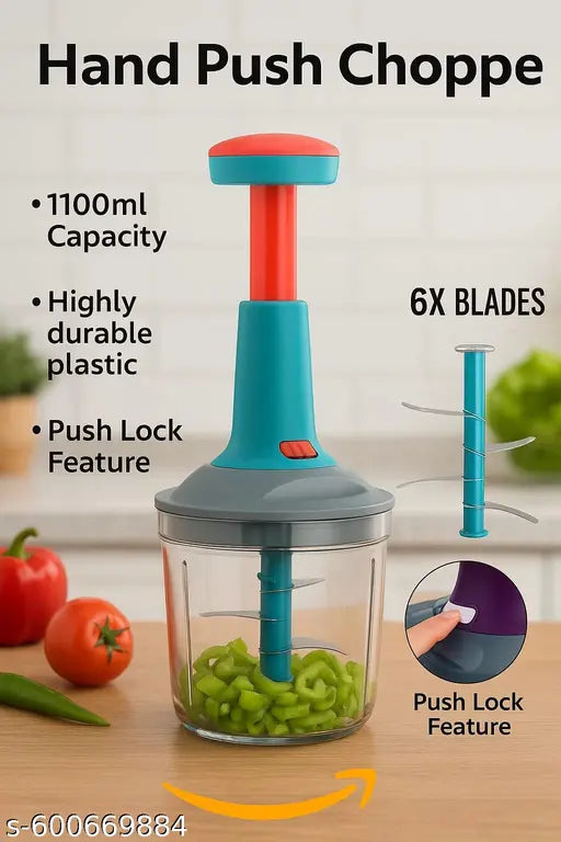 Master Push Chopper with 6 Stainless Steel Blades | Vegetable & Fruit Cutter | Manual Food Processor for Kitchen (1100ml)