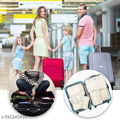 7pcs Set Travel Organizer Packing Cubes Lightweight Travel Luggage Organizers with Laundry Bag | Toiletry Bag Laundry Organiser (7 PCS) Polyester with Shoe Bag (Beige)