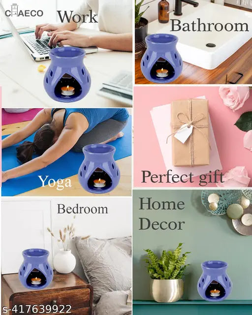 CHEECO Oil Burner Candle Diffuser for Home Fragrance, with 1 T-Light & 2 10 ml Aroma Oil-Fragrance Lemon Grass & Lavender (Purple Diffuser Pot)