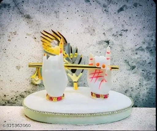 New Marble Dust White Krishna Hand Statue With Golden Peacock Feather, Brass Flute for Car Dashboard, Gift, Showpiece, Living Room, Office, Home Decoration Idol (4 Inch, BEST QUALITY)