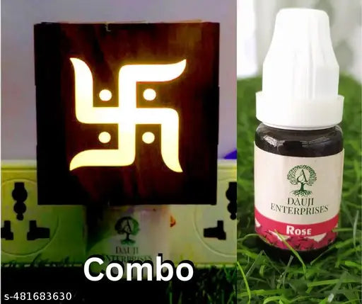 Dauji Enterprises Swastik Wooden LED Night Light + Rose Aroma Oil Set Electric Kapoor Dani,  Dhoop Dani, Aroma Burner for Home Décor/Office/Pooja Room/Kids Room |Air Freshener |Night Lamp and Room Freshener |Incense Burner|