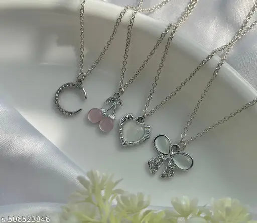 Beautiful Necklace Set of 4 Stylish trendy Silver plated American diamond charm pendant necklace for women and girls. | Accessories | Gift | Korean | Minimal | Neckpiece | Aesthetic Jewellery