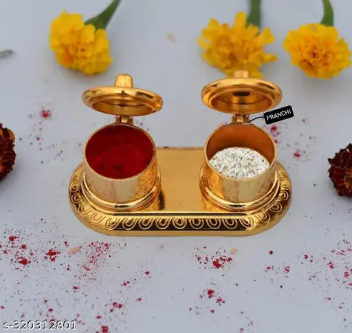 MAHAKAL ARTWARE(BY PRANCHI METALS) Double Dabbi Shape Roli Rice Chandan Chawal Akshat Haldi Kumkum Box