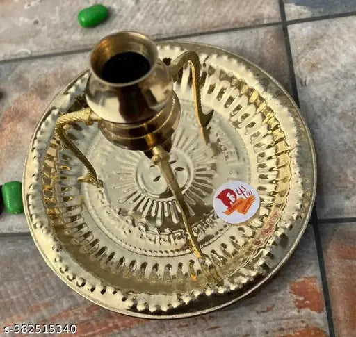DARIDRA BHANJAN Brass Pooja Plate Thali with Shivling Stand and Abhishek Lota Kalash (Gold , Small), Brass Plate Thali with Shivling Stand