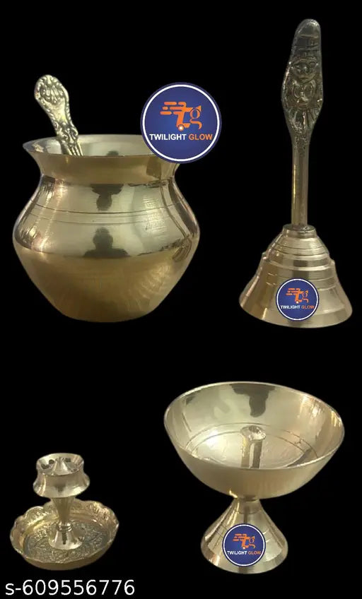 TWILIGHT GLOW Pure Brass Pooja Thali set, Arti Thali Set, 7 items with Om pooja Plate Small Dhoop Stand, Diya (Deepak), ghanti , Kalash lota, spoon, Pooja thali set, Brass Stick Holder bhagwan Puja Thali set, 8inch Om pooja thali set.