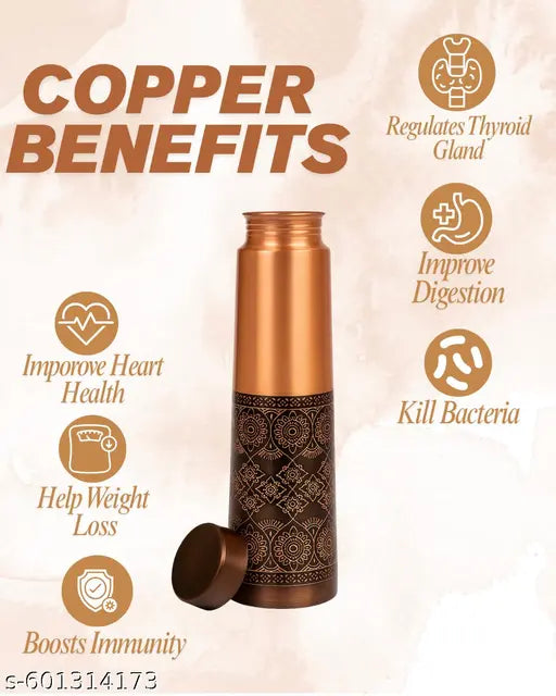 Vogue Venture Designer Tower Shape Pure Copper Water Bottle | 1 Litre Leak-Proof Ayurvedic Copper Bottle with Engraved Floral Pattern for Health, Office & Gym