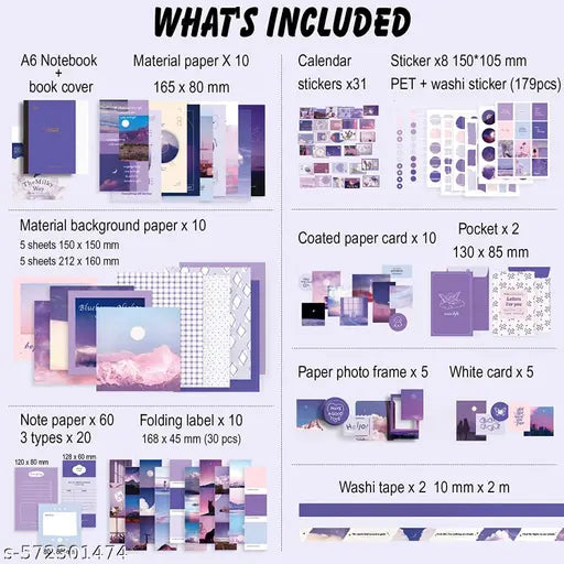 346pcs | Vintage Aesthetic Scrapbook Kit | Supplies Kit with A6 Grid Notebook, Washi Tape, Stickers, Scrapbook Paper, Envelopes, Journaling Cards, and Decorative Stamps (Letter From The Moon,Purple)