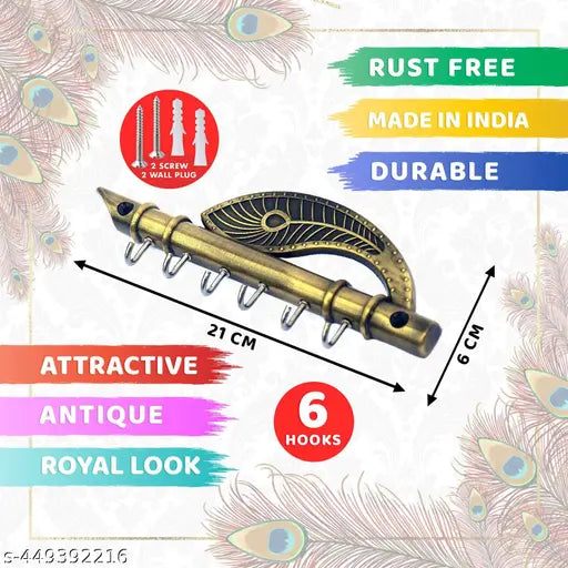 Zurient Zinc Lord Krishna's Flute & Peacock Quills Key Stand, Key Holder, Wall Mounted Key Holder, 6 Pin Wall Key Hanging Hooks, Key Hanger, Key Utilities Organizer for Home and Office, Brass