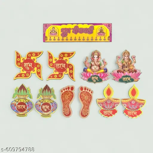 Decorate your home this Diwali with our premium MDF sticker combo set. Includes Shubh Labh, Laxmi Ganesh, Kalash, Charan Paduka & Diyas. Perfect for pooja room, doors, mandir & gifting. Durable, vibrant & reusable festive decor.