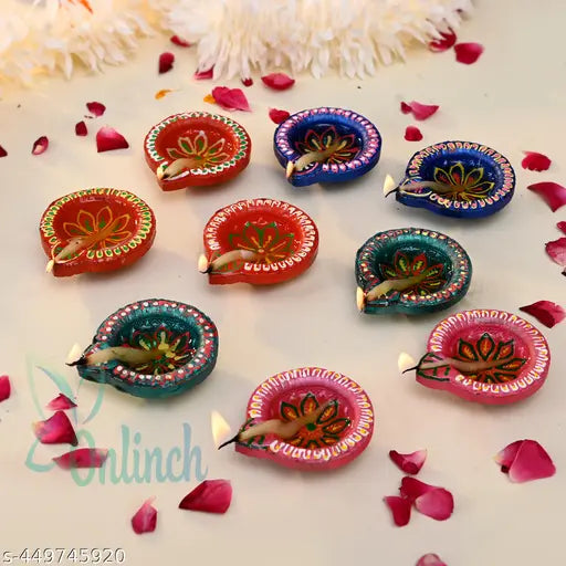 PAck of 12 Pice Unic Design Decorative Clay Diya, Glossy Finish Color Designer Clay Diyafor puja Earthenware (Pack of 12) Table Diya Se