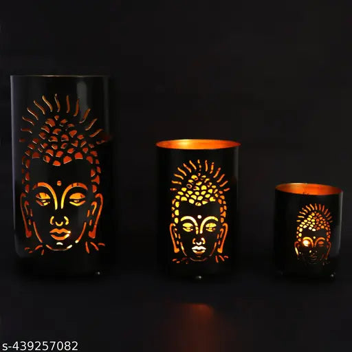 Home Decors Antique Handcrafted Hanging Tealight Buddha Cutting Black Votive Candle Holder for Home Decoration, Diwali Decoration, Christmas Decoration. (Black, Pack of 3)
