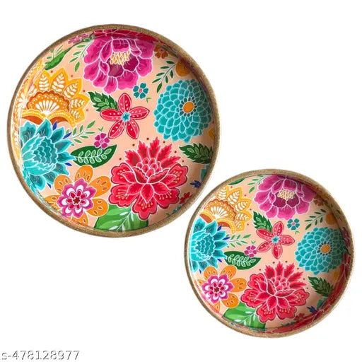 Madarks Floral Bliss Round MDF Decorative Tray Set, 9 and 7 Inch Diameter, 1 Inch Height
