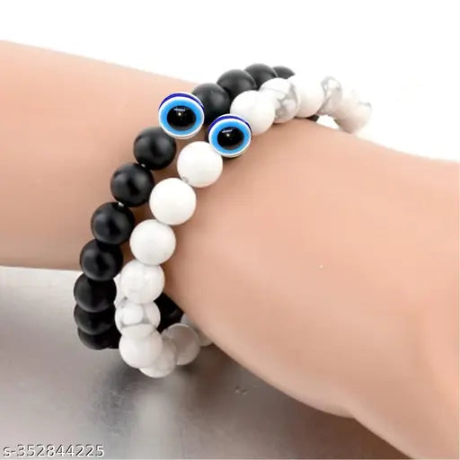 COMBO OFFER Couple Bracelet Evil Eye Natural Stone Beads Black and White Distance Love Adjustable Bracelet For Women Men Friendship Bracelet Jewellery Shape Dual Side Blue Stone Moti Beads Evil Eye Nazar Suraksha Kavach Pendant Locket Charm Necklace