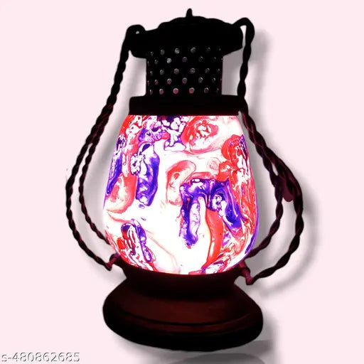 Desiree crafts , Laltain Set of 2 , wooden and Iron Handmade lalten with Multicolored led Light and Beautiful Glass imney Work