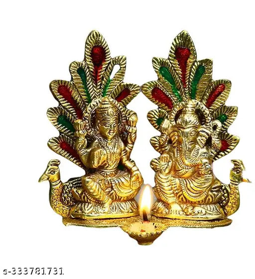 Lakshmi Ganesha Metal Idol with Diya | Peacock Design | 14 cm | Diwali Pooja & Home Temple Decor