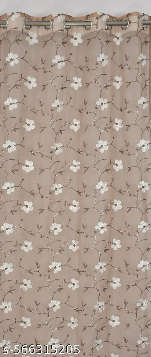 Embroidery Premium Floral Design Transparent Sheer Net Curtain with Metal Eyelet/Ring (Pack of 1) - BROWN