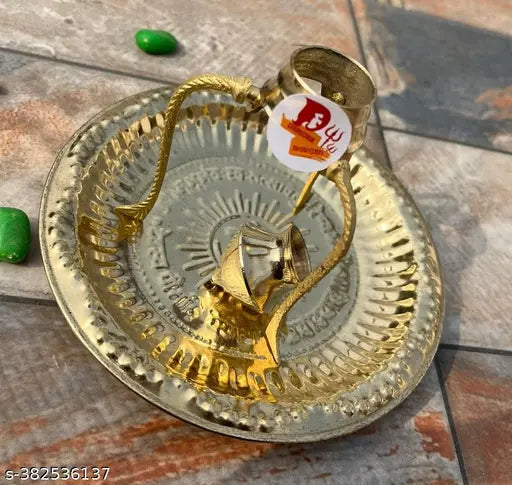 DARIDRA BHANJAN Brass Pooja Plate Thali with Shivling Stand and Abhishek Lota Kalash (Gold , Small) | Shivling Stand | Brass tripai-lota abhishek for shivling and shivji for milk and water abhishek in 100% brass,three stand with loti | Brass Lota for Puja