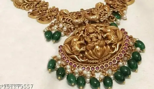 Traditional Temple Design Necklace (Haram) Set With Green And White Pearls (Drops) Paired With Earrings For Women And Girls Jewellery Set.