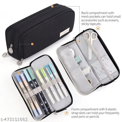 Polyester Large Capacity Pencil Box For Girls & Boys, 3 Compartments Pen & Pencil Pouches, Aesthetic Stationery Pouch For School Kids College Students, Cute Stationary King (1ps/Black)