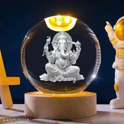 Ganesh Ganpati 3D USB LED Crystal Ball Night Lamp - Home Decor, Night Light, Table LED Wooden Crystal Ball Night Lamp for Home, Office, Decoration, Birthday, Diwali Gifts, Men, Women, Kids