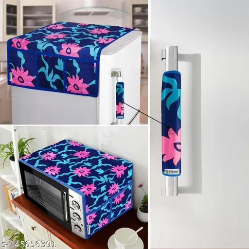 E-Retailer Exclusive 3-Layered Polyester Combo Set of Appliances Cover (1 Pc. of Fridge Top Cover, 1 Pc Handle Cover and 1 Pc. of Microwave Oven Top Cover) (Color-Blue, Design-Floral, Set Contains-3 Pcs.)