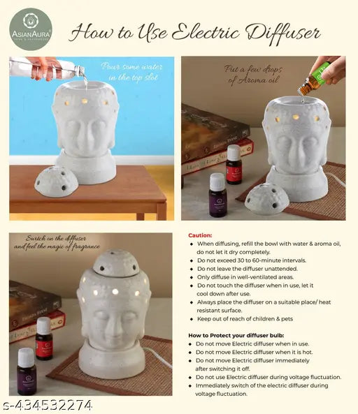 Buddha Shape Aroma Diffuser for Home Fragrance| Aroma Burner for Aromatherapy| Home Decor| Aroma Oil Warmer electric Ceramic Diffuser for Room Fragrance (Set of 1, Fragnance-Rosy Romance, English Lavender 10ML Each)