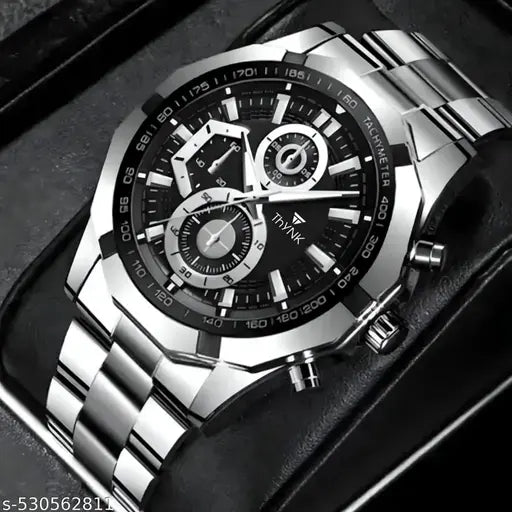 THYNK BLACK DAIL NEW DESIGNER ROUND STIANLESS STEEL SILVER ADJUSTABLE CHAIN Analog Watch - For Men