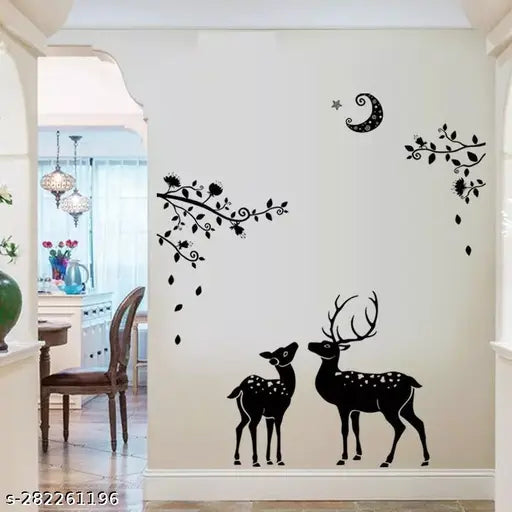 Wall Decal Sticker black deer leaf design with Moon Night Stars Self Adhesive Sticker  (Pack of 1)