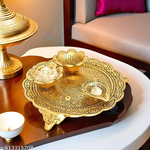 Brass Golden Metal Pooja Thali with Kumkum & Rice Holders | Designer Puja Plate for Mandir Decoration | Traditional Religious Gift Item for Diwali Festivals & Rituals