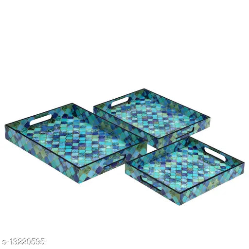 Enamel Coated Multipurpose Set of 3 RectangularTrays  (Blue Drops design)