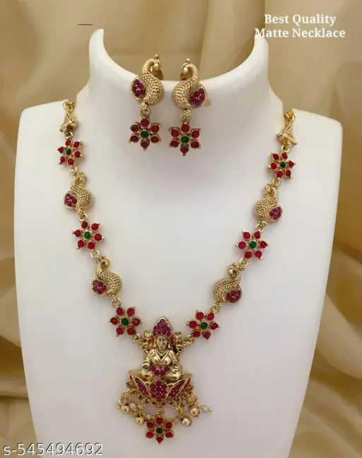 Premium Matte Temple Necklace Set with Lakshmi Pendant & Ruby Green Stones