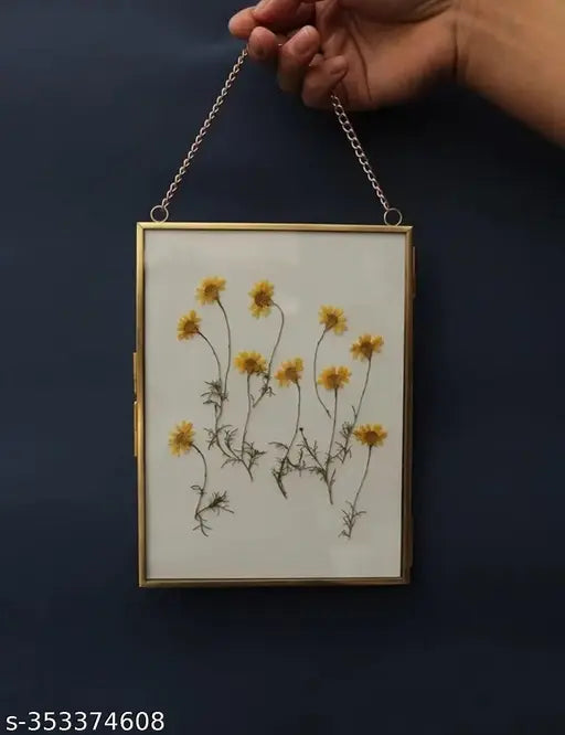 IAC Crafteriaaa Vintage Glass Hanging Photo Frame For Wall Decor (8x6 inch) | Transparent Glass and Brass Metal Hanging Pressed Flower Photo Frame For Wall