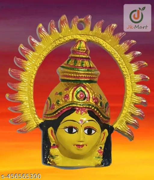 Varalakshmi Face Laxmi Face Figurines Amavari Matha Ring Face Durga Mata Yellow Ring Face Varalakshmi Devi Decorated Handmade Metal Face (Yellow)