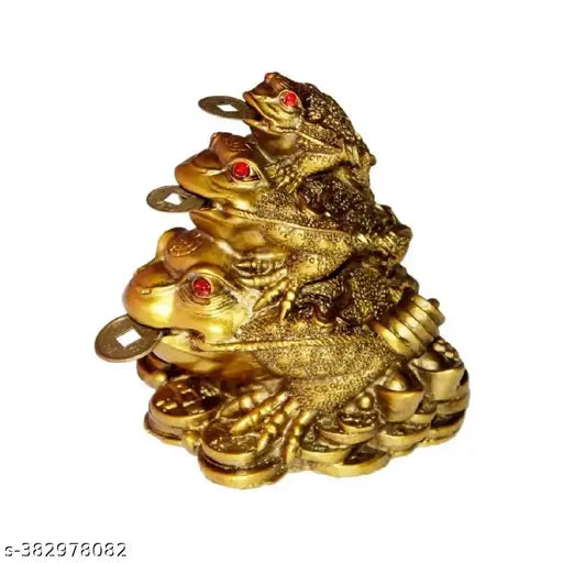 Triple Frog Family With Coin For Health, Wealth and Happiness | Decorative Showpiece for Home decor - 10 cm