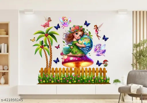 DivineDesigns Earth Girl on Mushroom Flowers Butterflies Angels Tree Wall Sticker