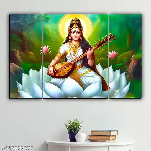 Goddess Saraswati Wall Decor 3 Piece Digital Reprint 12X18 inches